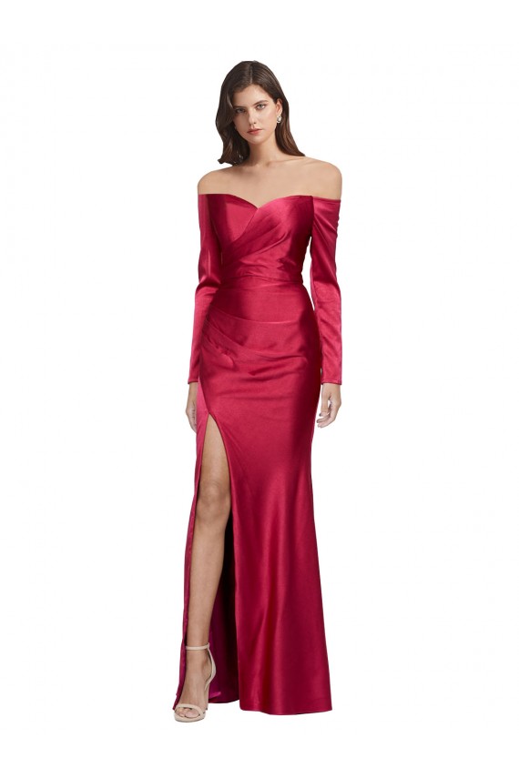 Discount Long Sleeves Off the Shoulder Formal Stretch Satin Bridesmaid Dress / Prom Dress with High Side Split UK
