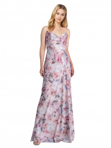 Discount Draped Cowl Neck Long Printed Formal Stretch Satin Bridesmaid Dress UK