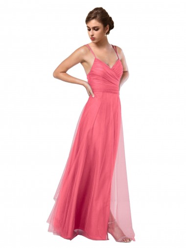 Discount Flowy A-Line Tulle Bridesmaid Dress with Double Straps and V-Neck UK