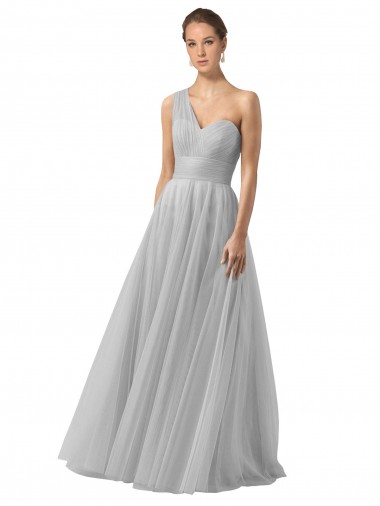 Discount Floor Length Tulle Bridesmaid Dress with Shirred One Shoulder Bodice UK