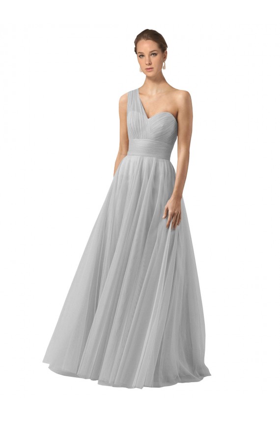 Discount Floor Length Tulle Bridesmaid Dress with Shirred One Shoulder Bodice UK