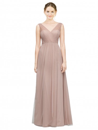 Discount Full Length Draped Long V-Neck Tulle Bridesmaid Dress UK