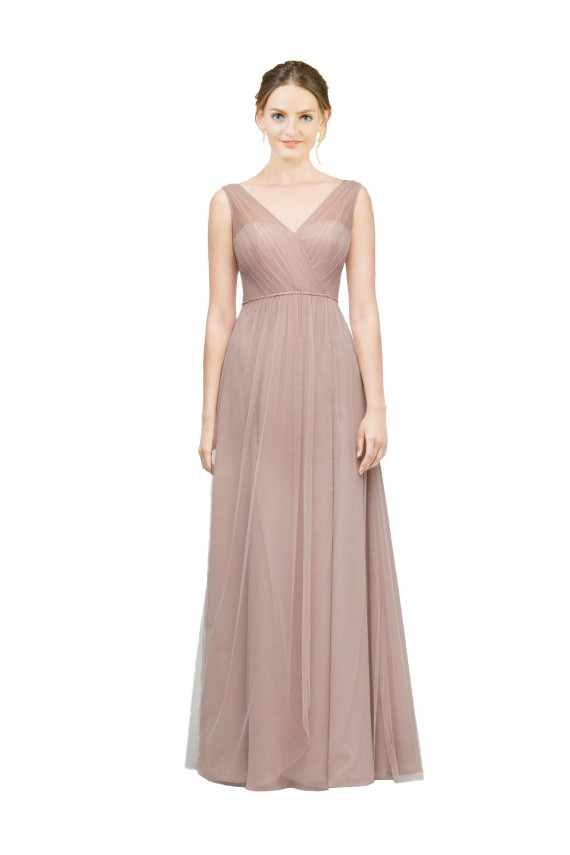 Discount Full Length Draped Long V-Neck Tulle Bridesmaid Dress UK