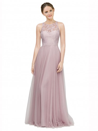 Discount High Neck Long Tulle Bridesmaid Dress with Lace Bodice UK