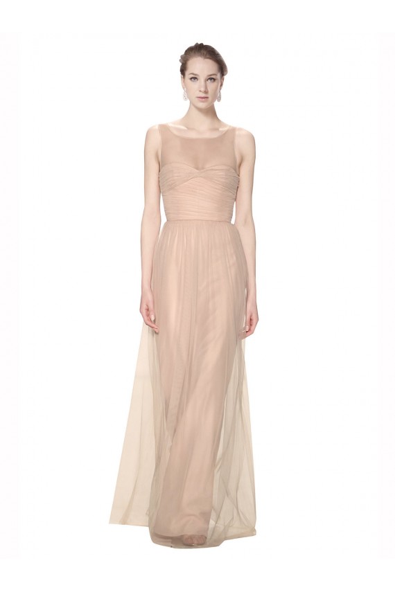 Discount Long Tulle Bridesmaid Dress with Illusion Neck UK