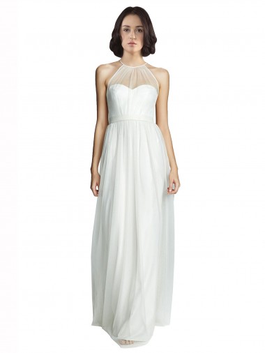 Discount High Neckline Long Tulle Bridesmaid Dress with Illusion Front UK