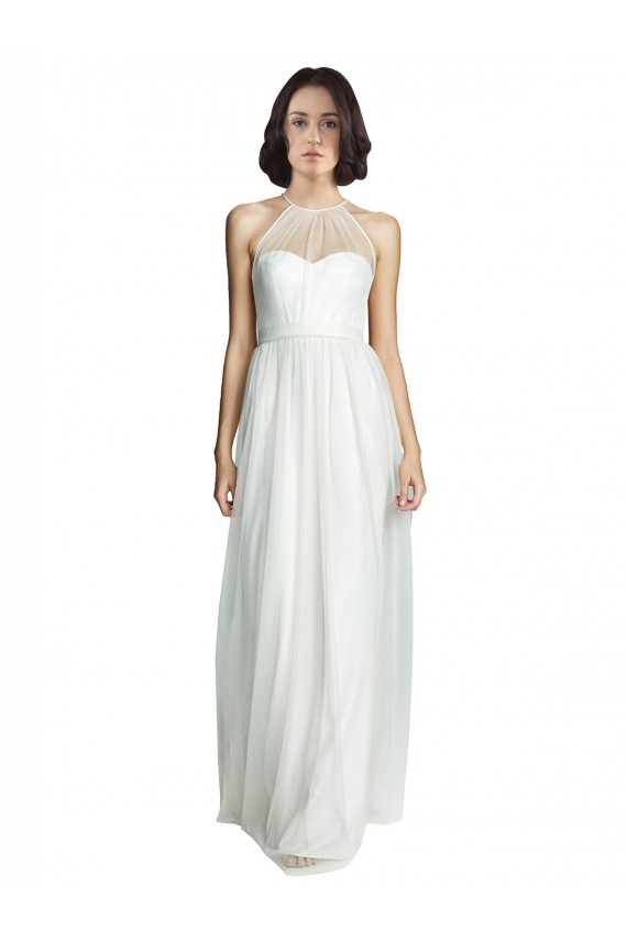 Discount High Neckline Long Tulle Bridesmaid Dress with Illusion Front UK