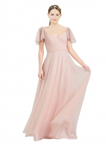 Discount Long V-Neck Flutter Sleeves Tulle Bridesmaid Dress UK
