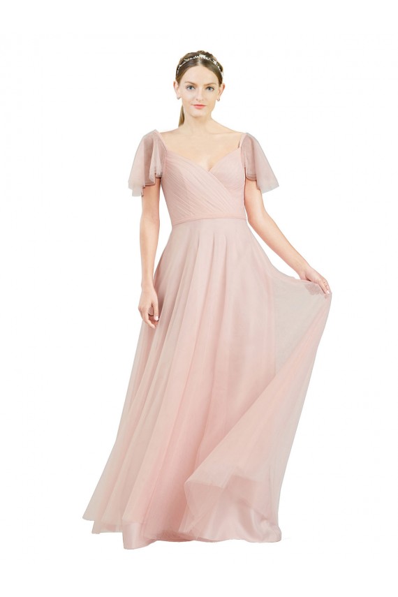 Discount Long V-Neck Flutter Sleeves Tulle Bridesmaid Dress UK