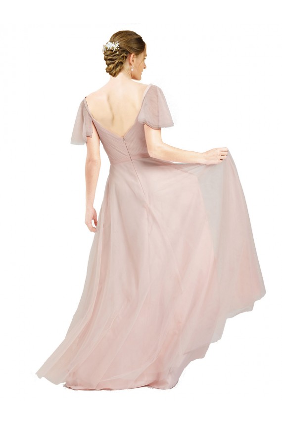 Discount Long V-Neck Flutter Sleeves Tulle Bridesmaid Dress UK