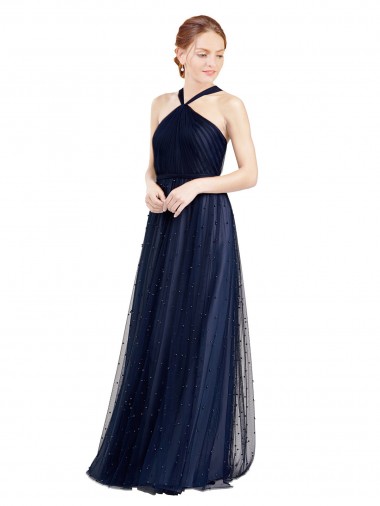 Discount Floor Length Long Halter Pleated Tulle Bridesmaid Dress UK