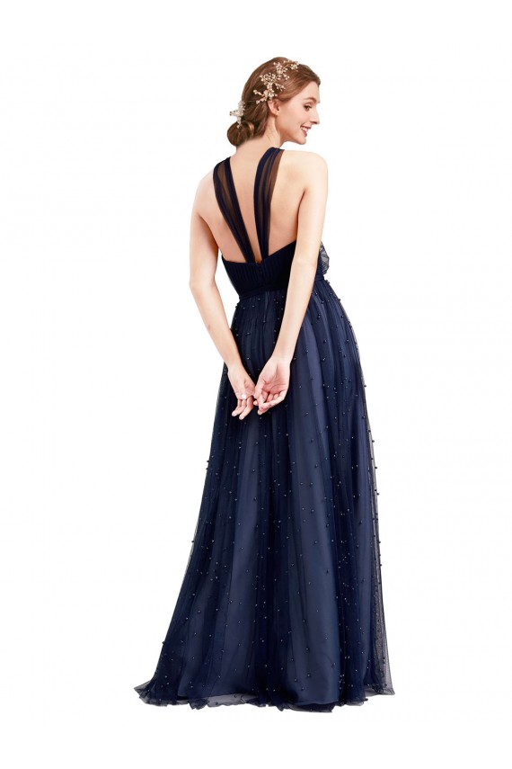 Discount Floor Length Long Halter Pleated Tulle Bridesmaid Dress UK