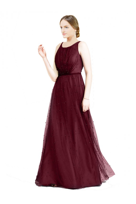 Discount Sleeveless Boat Neck Long Pearl Tulle Bridesmaid Dress with Keyhole Back UK