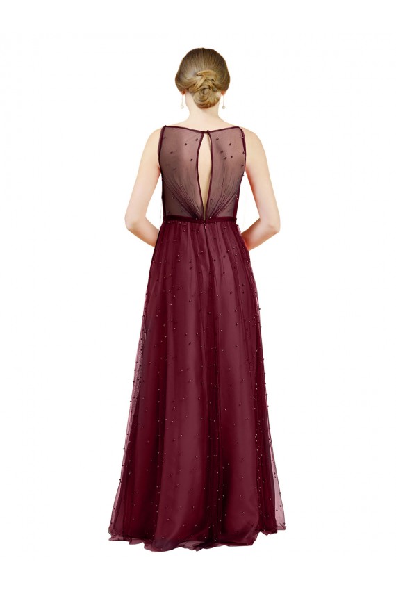 Discount Sleeveless Boat Neck Long Pearl Tulle Bridesmaid Dress with Keyhole Back UK