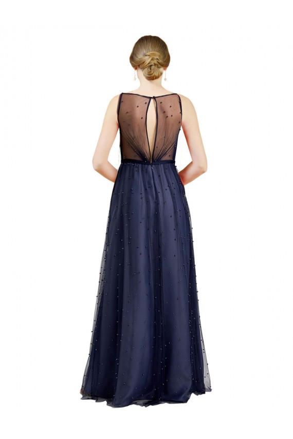 Discount Sleeveless Boat Neck Long Pearl Tulle Bridesmaid Dress with Keyhole Back UK