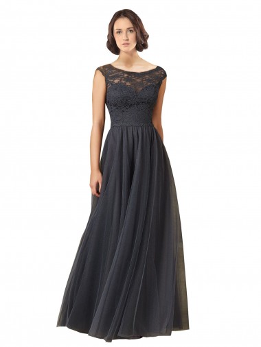 Discount Long Bateau Tulle Bridesmaid Dress with Lace Bodice UK
