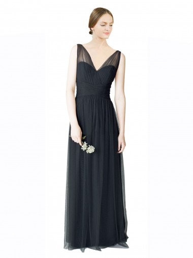 Discount Long Tulle Bridesmaid Dress with Illusion Shoulder Straps and V-Back UK