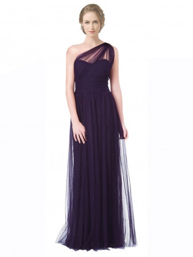 Discount One Shoulder Long Tulle Bridesmaid Gown with Sheer Netting Strap UK