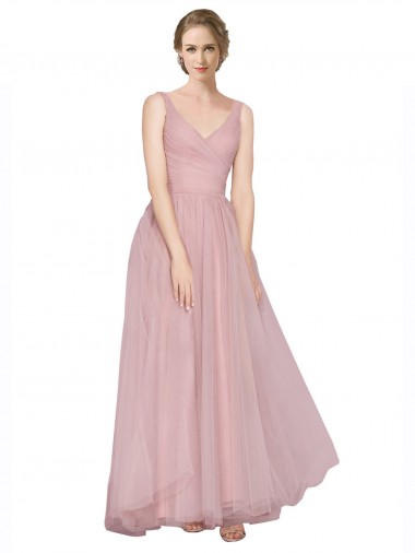 Discount Long Floor Length Wide Strap Plunge Cross Over Neckline Tulle Bridesmaid Dress UK