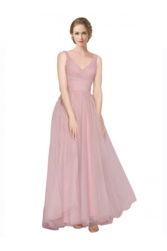 Discount Long Floor Length Wide Strap Plunge Cross Over Neckline Tulle Bridesmaid Dress UK