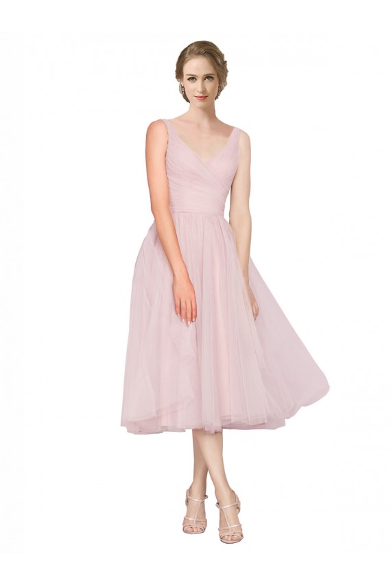 Discount Short Tea Length Wide Strap Plunge Cross Over Neckline Tulle Cocktail Bridesmaid Dress UK
