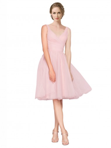 Discount Short Knee Length Wide Strap Plunge Cross Over Neckline Tulle Cocktail Bridesmaid Dress UK