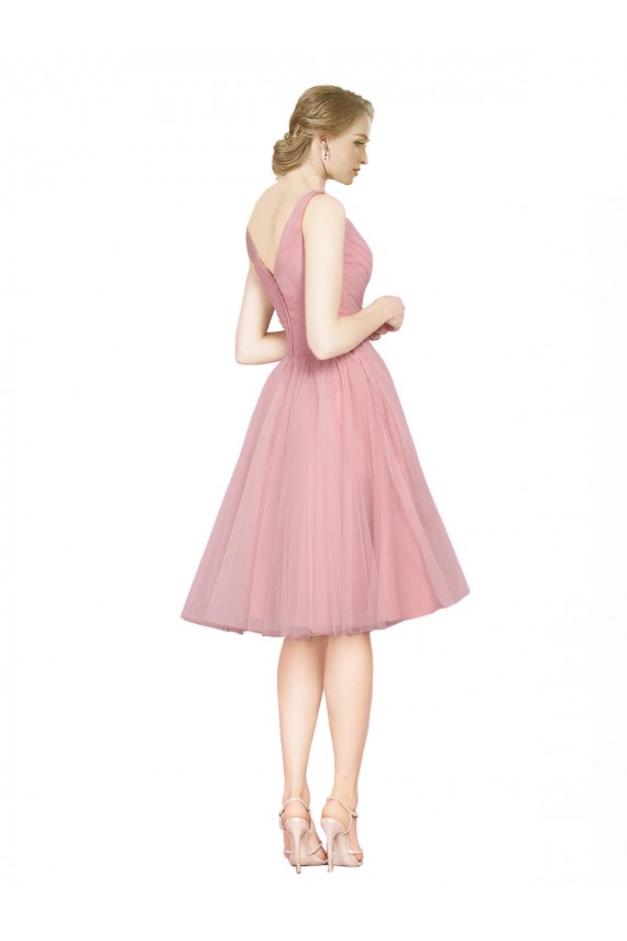 Discount Short Knee Length Wide Strap Plunge Cross Over Neckline Tulle Cocktail Bridesmaid Dress UK