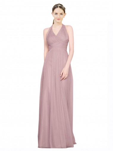 Discount Ruffled Halter V-Neck Long Tulle Bridesmaid Dress with Pleats UK