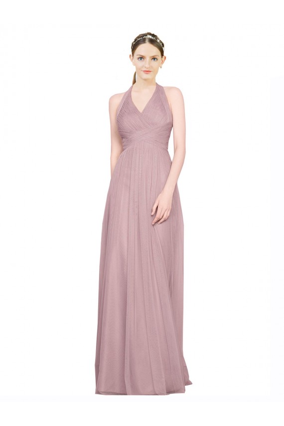 Discount Ruffled Halter V-Neck Long Tulle Bridesmaid Dress with Pleats UK