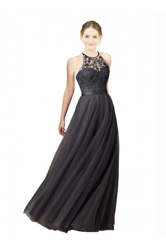 Discount Sweetheart Neckline Long Sleeveless Tulle Bridesmaid Dress with Lace Bodice UK