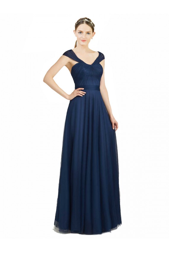 Discount Ruched Sweetheart Long A-Line Tulle Bridesmaid Dress with Wide Straps and Tie Back UK