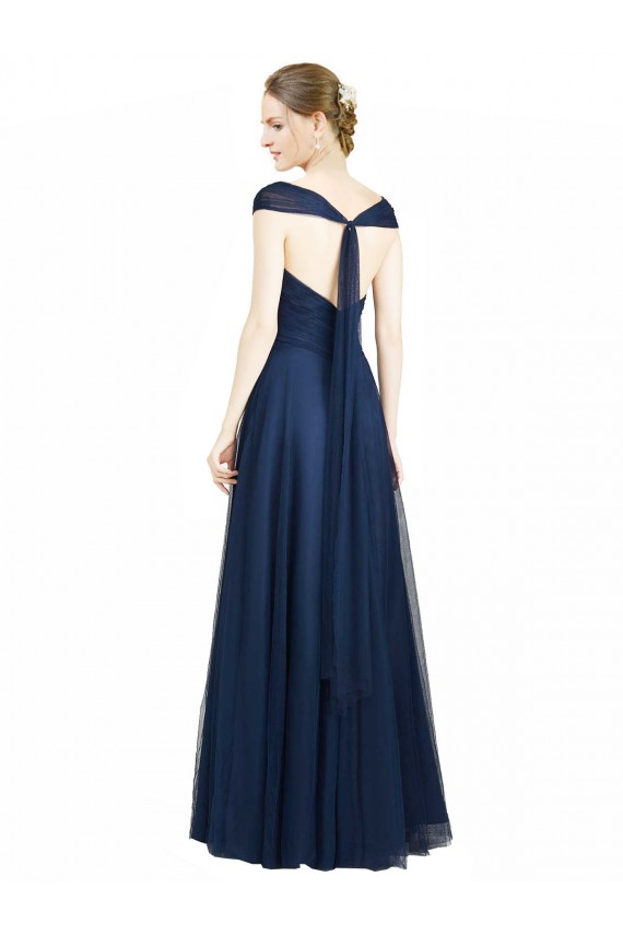 Discount Ruched Sweetheart Long A-Line Tulle Bridesmaid Dress with Wide Straps and Tie Back UK