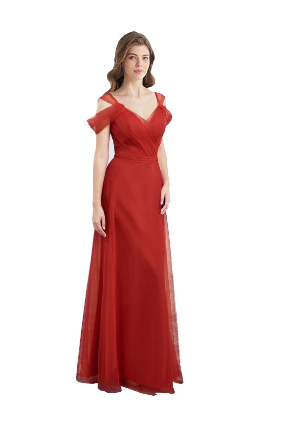Discount Cold Shoulder Pleated Wrap Tulle Bridesmaid Dress with Low V-Back UK