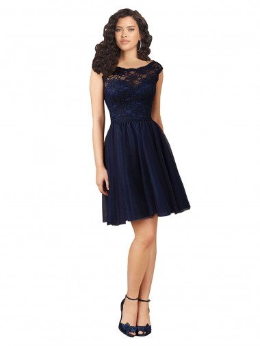 Discount Short Bateau Neck Tulle Cocktail Bridesmaid Dress with Lace Bodice UK