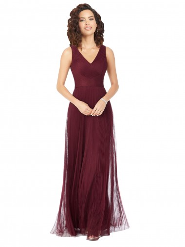Discount Long A-Line V-Neck Tulle Bridesmaid Dress UK