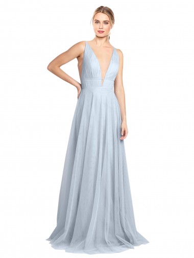 Discount Plunging Deep V-Neck Long Tulle Bridesmaid Dress with V-Back UK