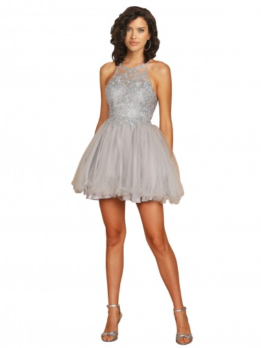 Discount Halter Neckline Criss Cross Back Short Cocktail Dress with Beaded Lace Bodice UK
