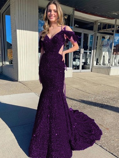 Discount Cold Shoulder Sleeveless Long Court Train Velvet Sequin Prom Dress UK
