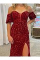 Discount Off the Shoulder Short Sleeves Long Floor Length Velvet Sequin Prom Dress with High Slit UK