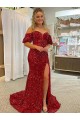 Discount Off the Shoulder Short Sleeves Long Floor Length Velvet Sequin Prom Dress with High Slit UK
