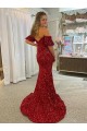 Discount Off the Shoulder Short Sleeves Long Floor Length Velvet Sequin Prom Dress with High Slit UK
