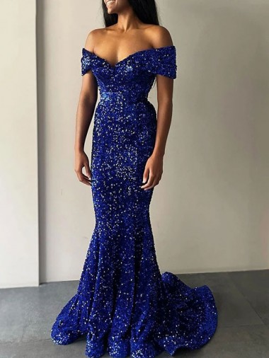 Discount Mermaid Off the Shoulder Sleeveless Long Sweep Train Velvet Sequin Prom Dress UK