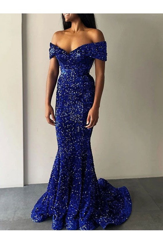 Discount Mermaid Off the Shoulder Sleeveless Long Sweep Train Velvet Sequin Prom Dress UK