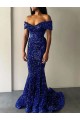 Discount Mermaid Off the Shoulder Sleeveless Long Sweep Train Velvet Sequin Prom Dress UK