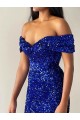 Discount Mermaid Off the Shoulder Sleeveless Long Sweep Train Velvet Sequin Prom Dress UK