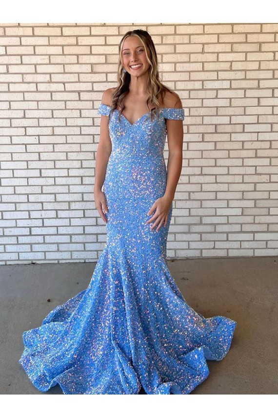 Discount Mermaid Off the Shoulder Sleeveless Long Floor Length Velvet Sequin Prom Dress UK