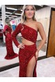 Discount Mermaid One Shoulder Long Sleeves Long Sweep Train Velvet Sequin Prom Dress with High Slit UK