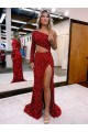 Discount Mermaid One Shoulder Long Sleeves Long Sweep Train Velvet Sequin Prom Dress with High Slit UK