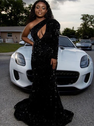 Discount One Shoulder Long Sleeves Long Sweep Train Velvet Sequin Prom Dress UK