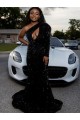 Discount One Shoulder Long Sleeves Long Sweep Train Velvet Sequin Prom Dress UK